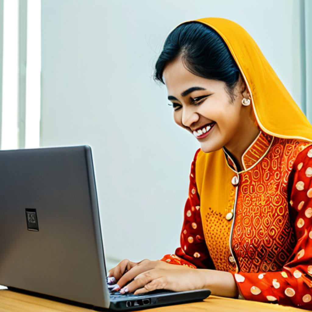 **

"A professional woman in a vibrant, modest salwar kameez, smiling warmly while working on a laptop in a brightly lit, modern co-working space in Ho Chi Minh City, Vietnam.  Fully clothed, appropriate attire, safe for work, perfect anatomy, natural proportions, professional, family-friendly, high-quality rendering, well-formed hands, proper finger count."

**