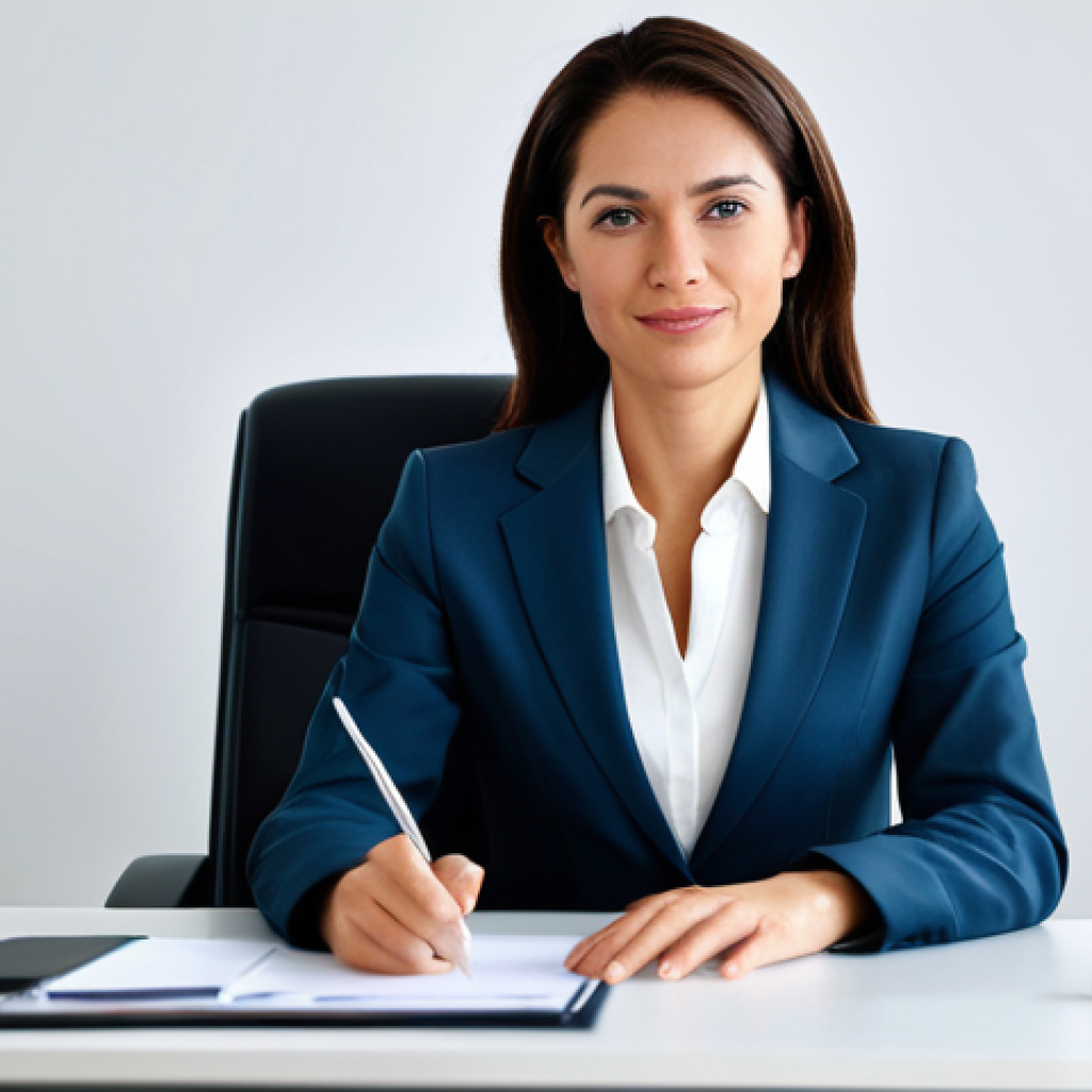 힌디어와 디지털 마케팅 - **A professional businesswoman in a modest business suit, sitting at a desk in a modern office, full...