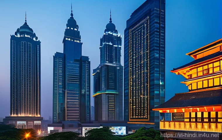 힌디어와 경제 - **Vibrant Indian Economy and Digital Future:** A dynamic, wide-angle shot of a modern Indian city sk...