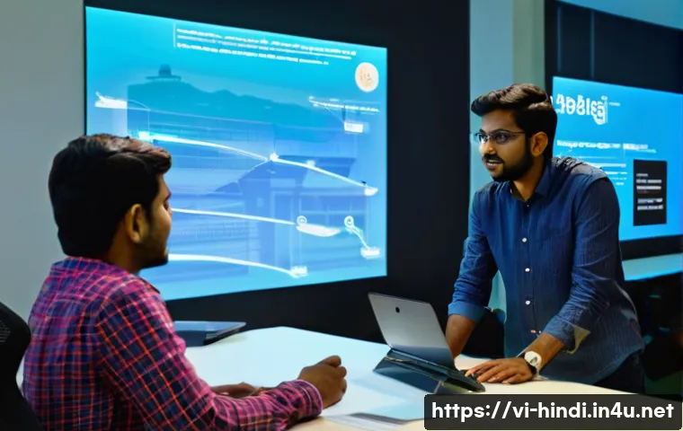 힌디어와 블록체인 기술 - **Prompt:** A bustling, modern co-working space in a vibrant Indian city like Bengaluru, filled with...