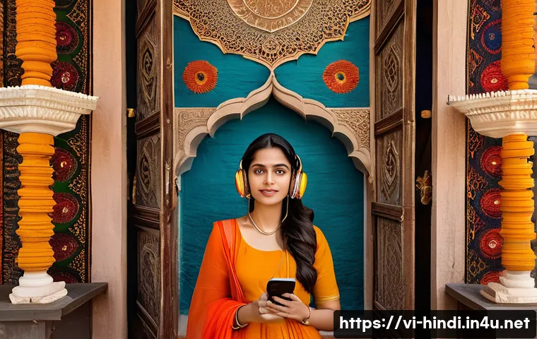 힌디어 팟캐스트 추천 - **Prompt 1: Journey of Discovery through Hindi Podcasts**
"A young woman, with a serene and curi...