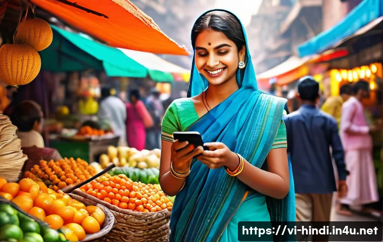힌디어와 모바일 결제 - **Prompt 1: Bustling Market Digital Transaction**
"A vibrant and bustling Indian street market s...