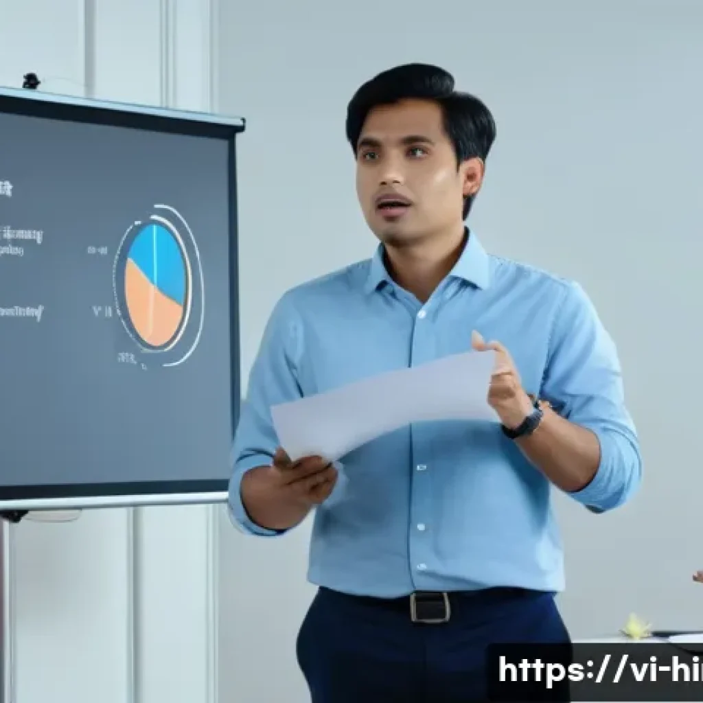 힌디어로 스피치 하기 - A professional Vietnamese man giving a Hindi presentation in a modern office setting, wearing busine...