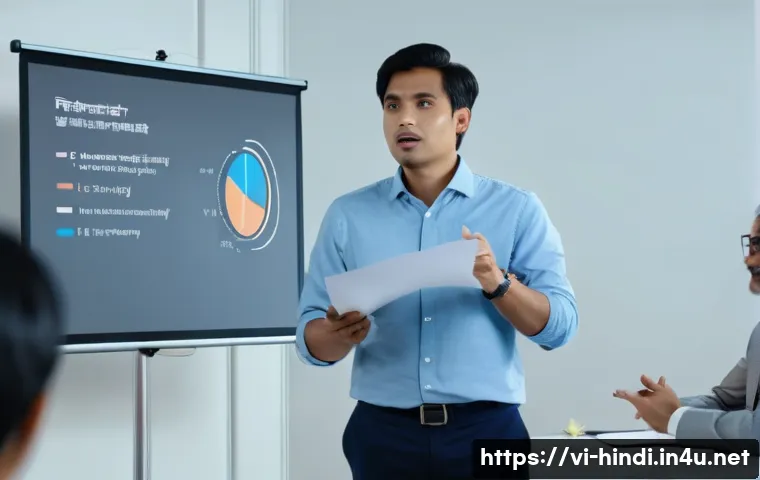 힌디어로 스피치 하기 - A professional Vietnamese man giving a Hindi presentation in a modern office setting, wearing busine...