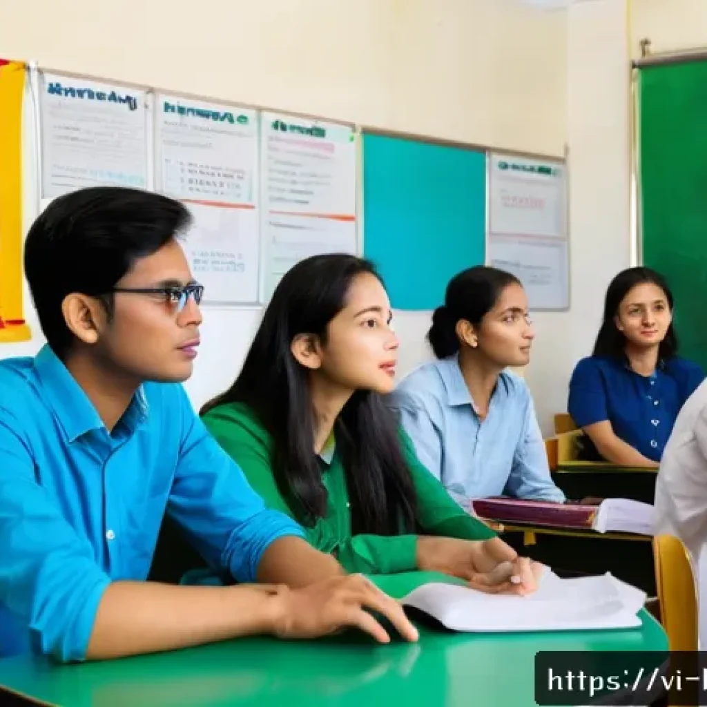 힌디어 학원 추천 - A vibrant classroom scene in Hanoi at a language center specializing in Hindi, featuring a diverse g...