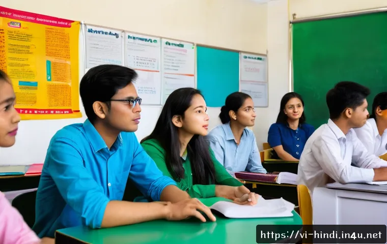 힌디어 학원 추천 - A vibrant classroom scene in Hanoi at a language center specializing in Hindi, featuring a diverse g...