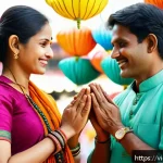Home 22 힌디어 네이티브 친구 사귀기 - A warm and respectful cultural greeting scene in India: two adults in traditional Indian attire exch...