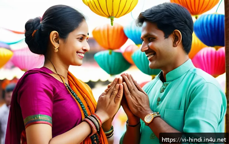 힌디어 네이티브 친구 사귀기 - A warm and respectful cultural greeting scene in India: two adults in traditional Indian attire exch...