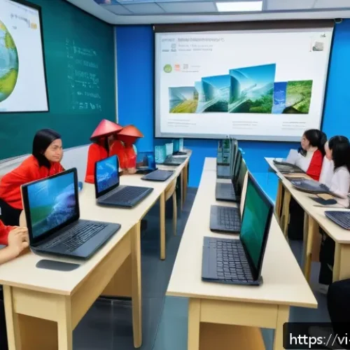 Home 33 힌디어와 메타버스 - A vibrant digital classroom scene in Vietnam featuring diverse students interacting with AI-powered ...
