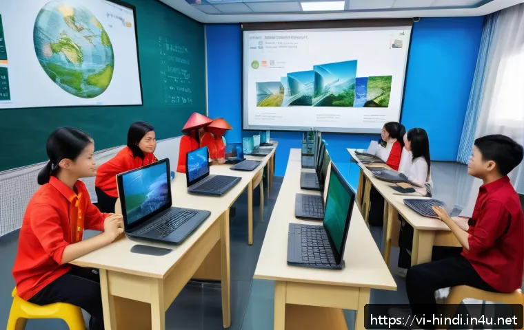 힌디어와 메타버스 - A vibrant digital classroom scene in Vietnam featuring diverse students interacting with AI-powered ...
