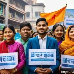 Home 20 힌디어 정치 뉴스 번역 - A vibrant scene of a diverse group of young Indian activists in colorful traditional and modern clot...