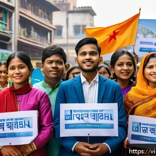 Home 32 힌디어 정치 뉴스 번역 - A vibrant scene of a diverse group of young Indian activists in colorful traditional and modern clot...