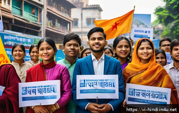 힌디어 정치 뉴스 번역 - A vibrant scene of a diverse group of young Indian activists in colorful traditional and modern clot...