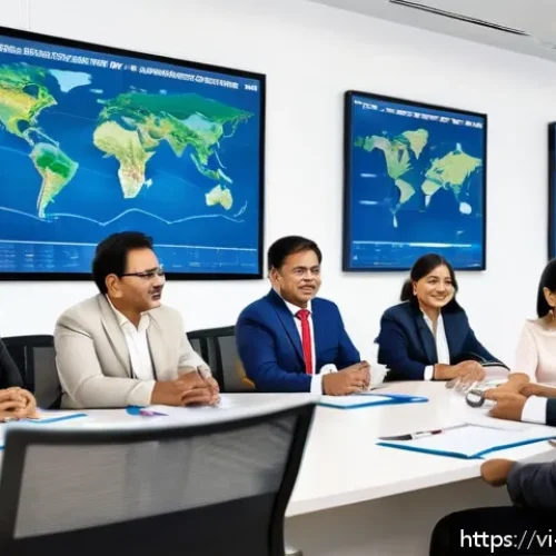Home 17 힌디어와 국제 무역 - A vibrant business meeting scene in a modern office in India, featuring a diverse group of professio...