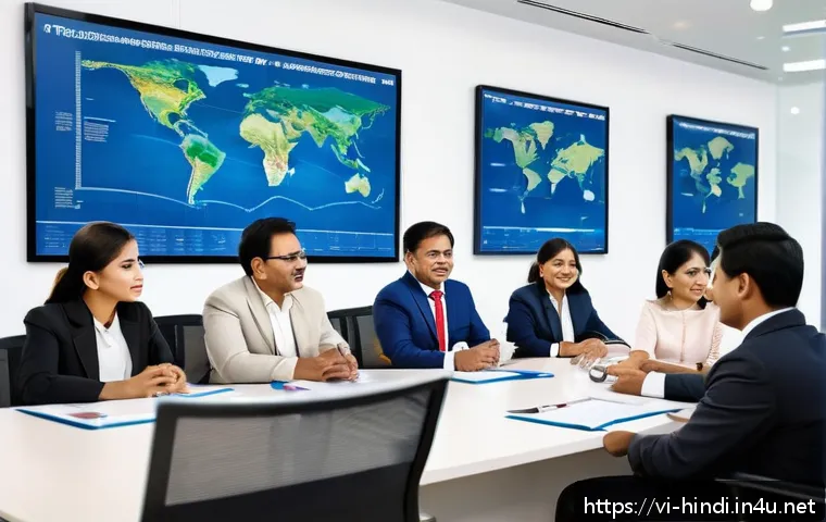 힌디어와 국제 무역 - A vibrant business meeting scene in a modern office in India, featuring a diverse group of professio...