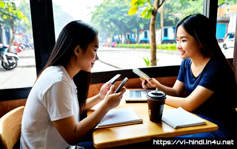 Home 16 힌디어 회화 연습법 - Photorealistic Vietnamese young adult practicing Hindi conversation with a study partner at a bright...