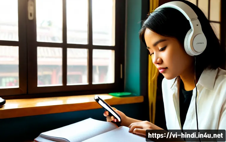 힌디어 노래 가사 분석 - Photorealistic Vietnamese university student wearing headphones, thoughtfully analyzing the meaning ...
