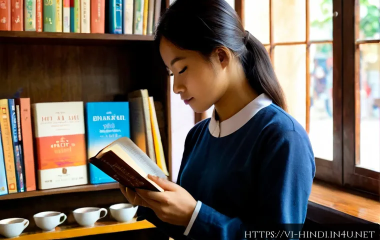 힌디어 현대 문학 - Photorealistic contemporary literary scene in Hanoi, Vietnam: a young Vietnamese woman reading a bla...