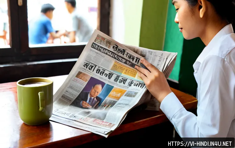 힌디어 신문과 뉴스 - Photorealistic morning news scene in a Hanoi café, a Vietnamese adult calmly reading a Hindi-languag...